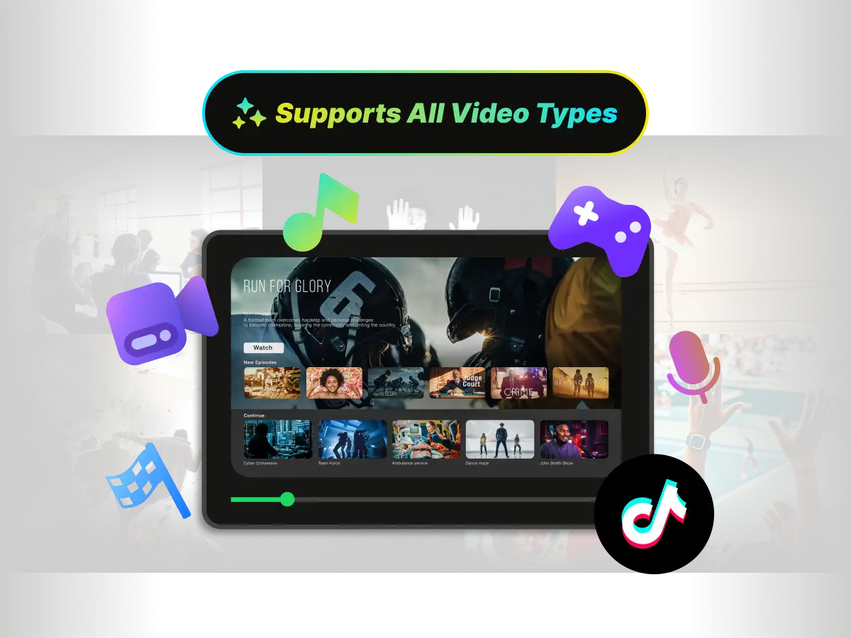 A video player for WayinVideo's tool, surrounded by icons for gaming, social media, and sports, illustrating support for all video types.